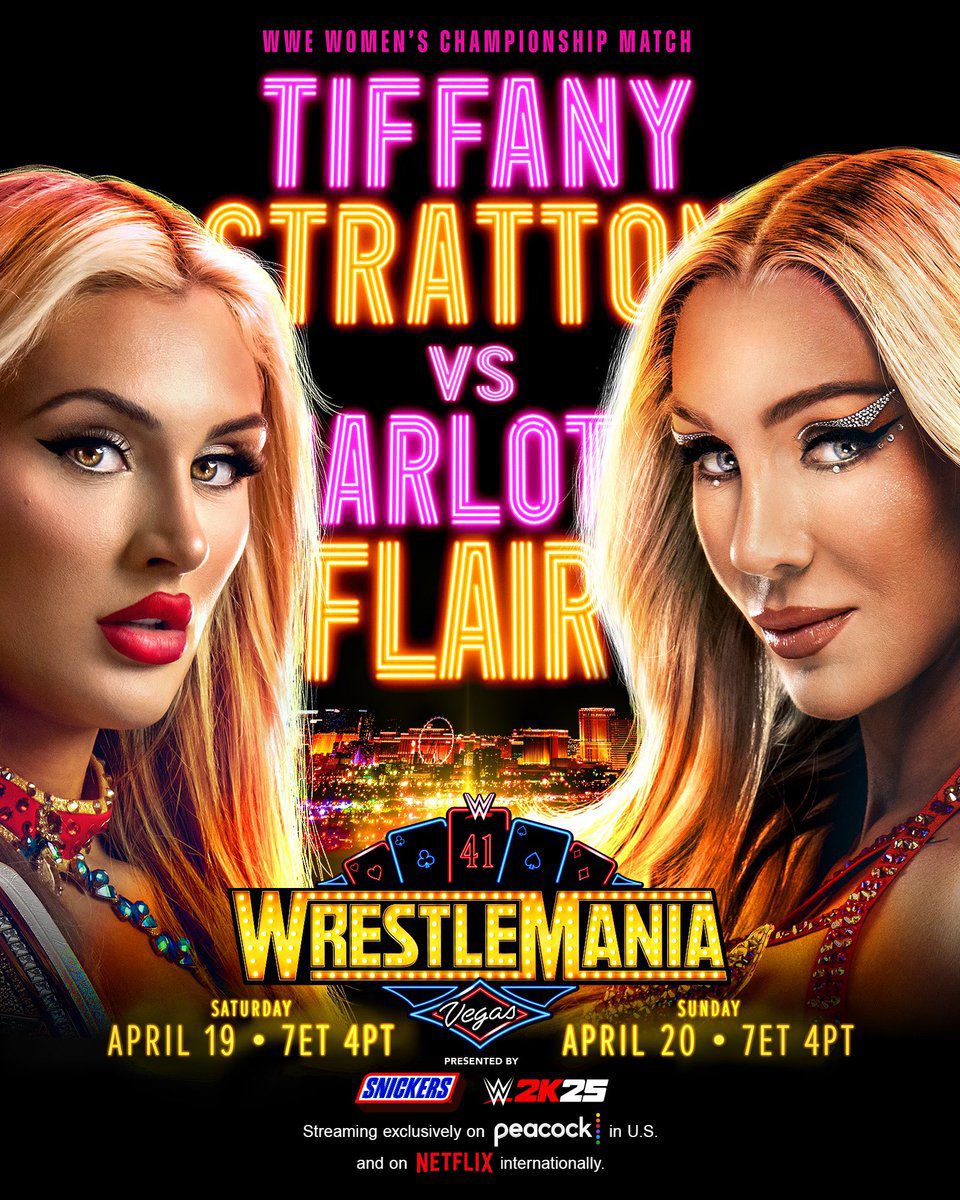 Tiffany Stratton vs Charlotte Flair poster WrestleMania 41