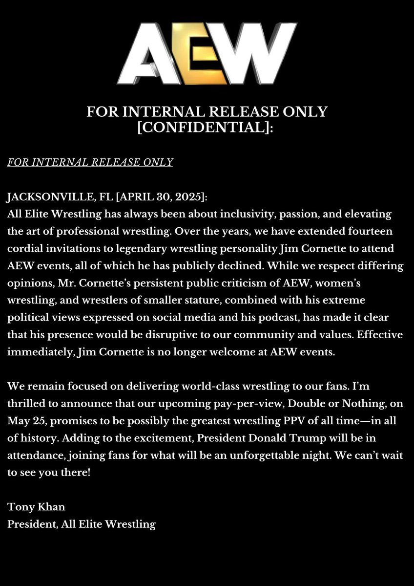 Jim Cornette Banned From AEW Events Fake Press Release