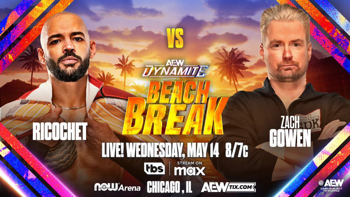 Ricochet vs. Zach Gowen AEW Dynamite Beach Break May 14 2025 Graphic