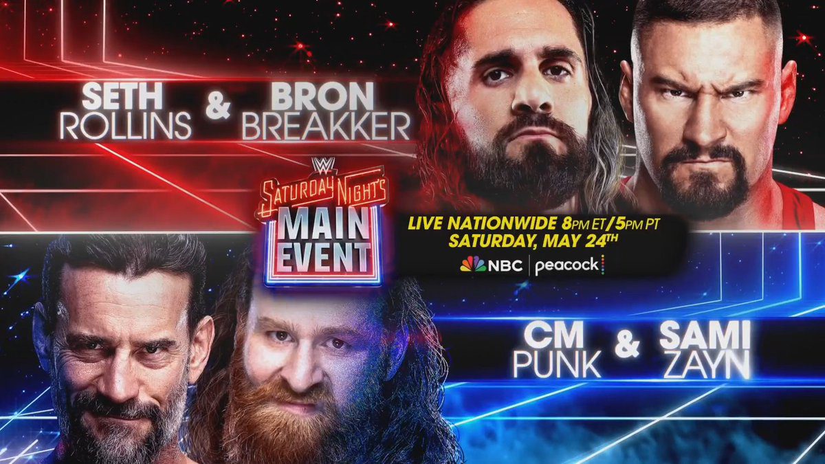 Seth Rollins Bron Breakker vs CM Punk Sami Zayn WWE Saturday Night's Main Event May 24 2025