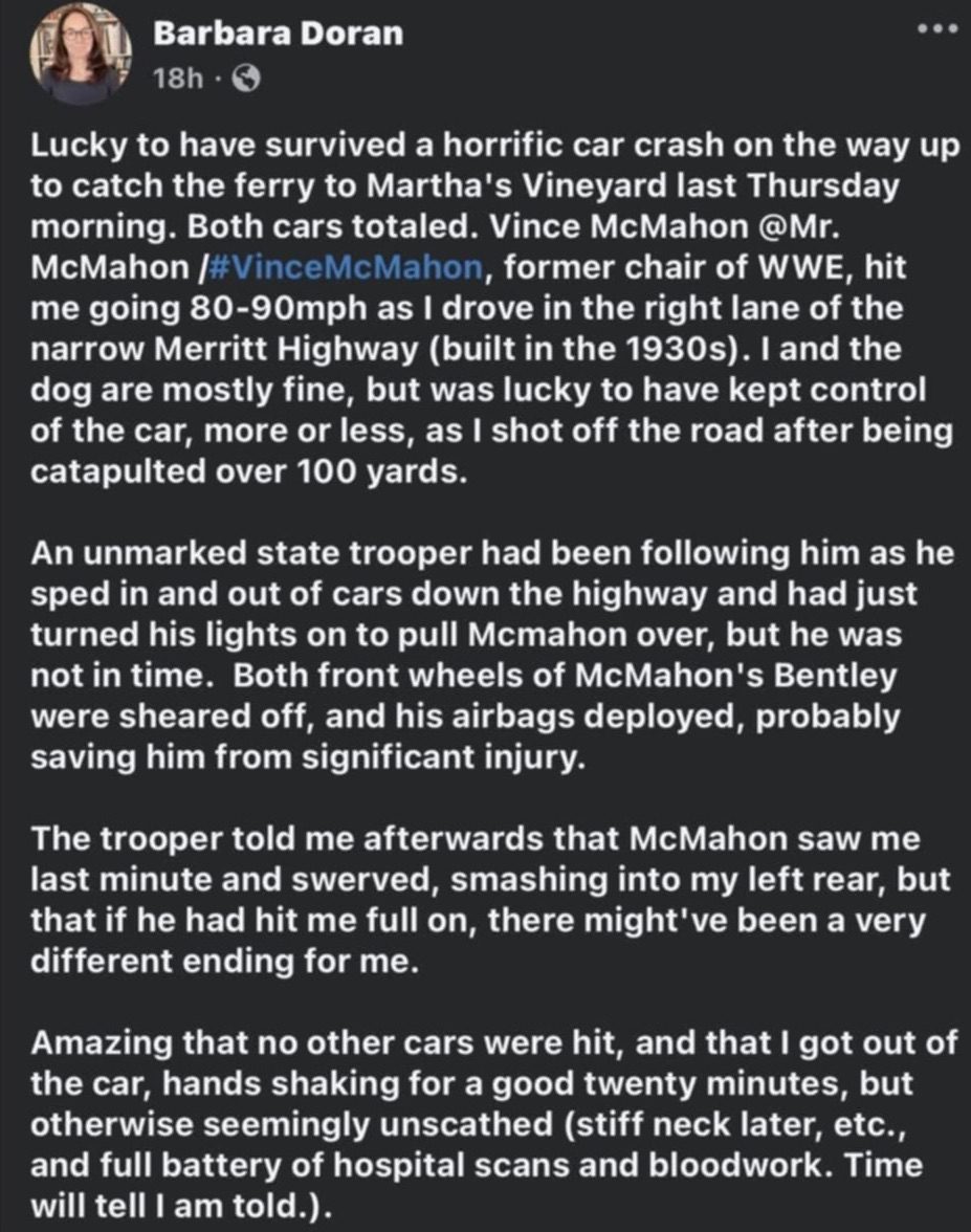 Barbara Doran Vince McMahon Car Accident Statement