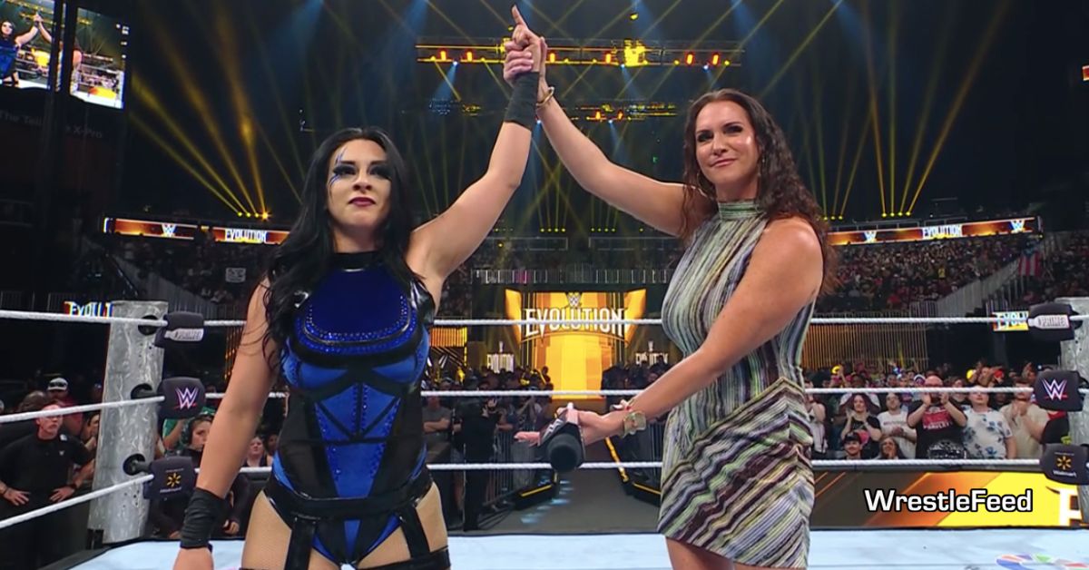 Stephanie McMahon raises Stephanie Vaquer hand WWE Evolution 2 2025 WrestleFeed App