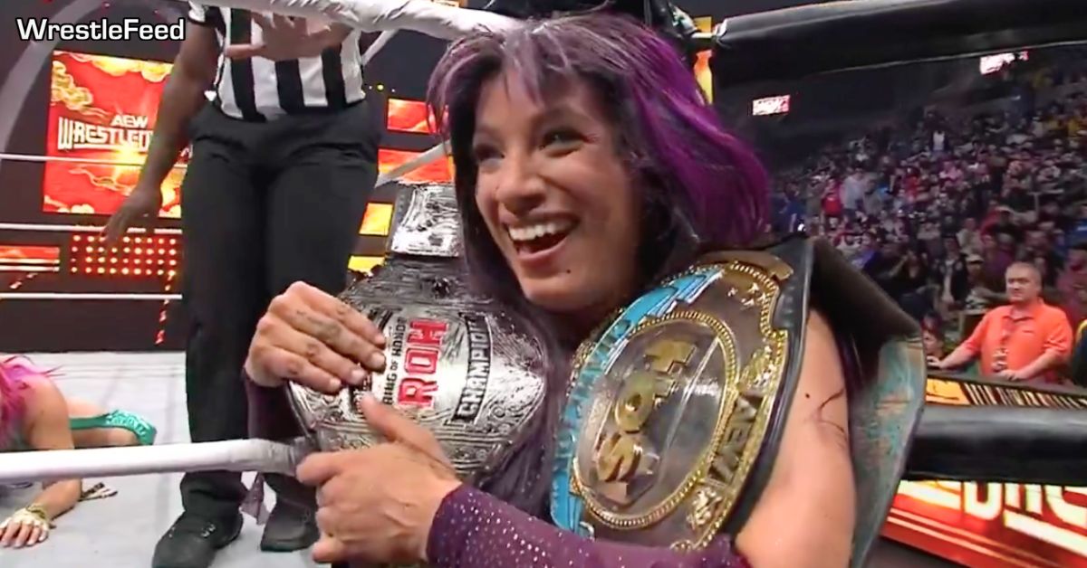 Mercedes Mone Sasha Banks Happy Smiling Face TBS Women's Champion Wins Interim ROH TV Women's Championship AEW WrestleDream 2025 WrestleFeed App