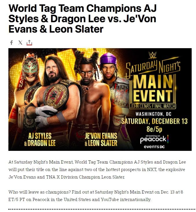 Title Match Set For Saturday Night's Main Event On December 13