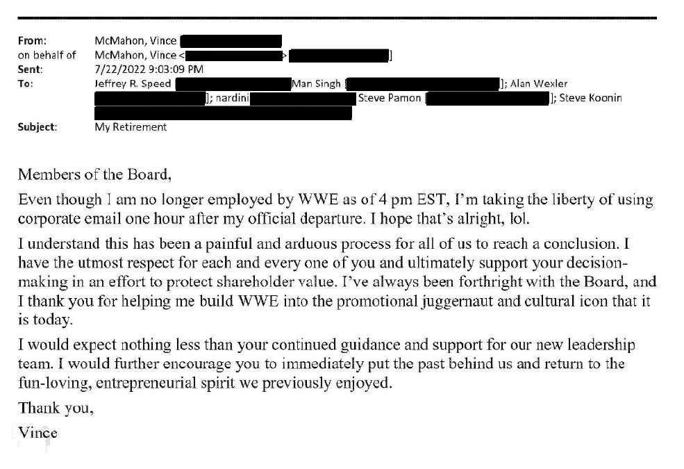 Vince McMahon's Final Email To WWE Board Of Directors After 2022 Retirement