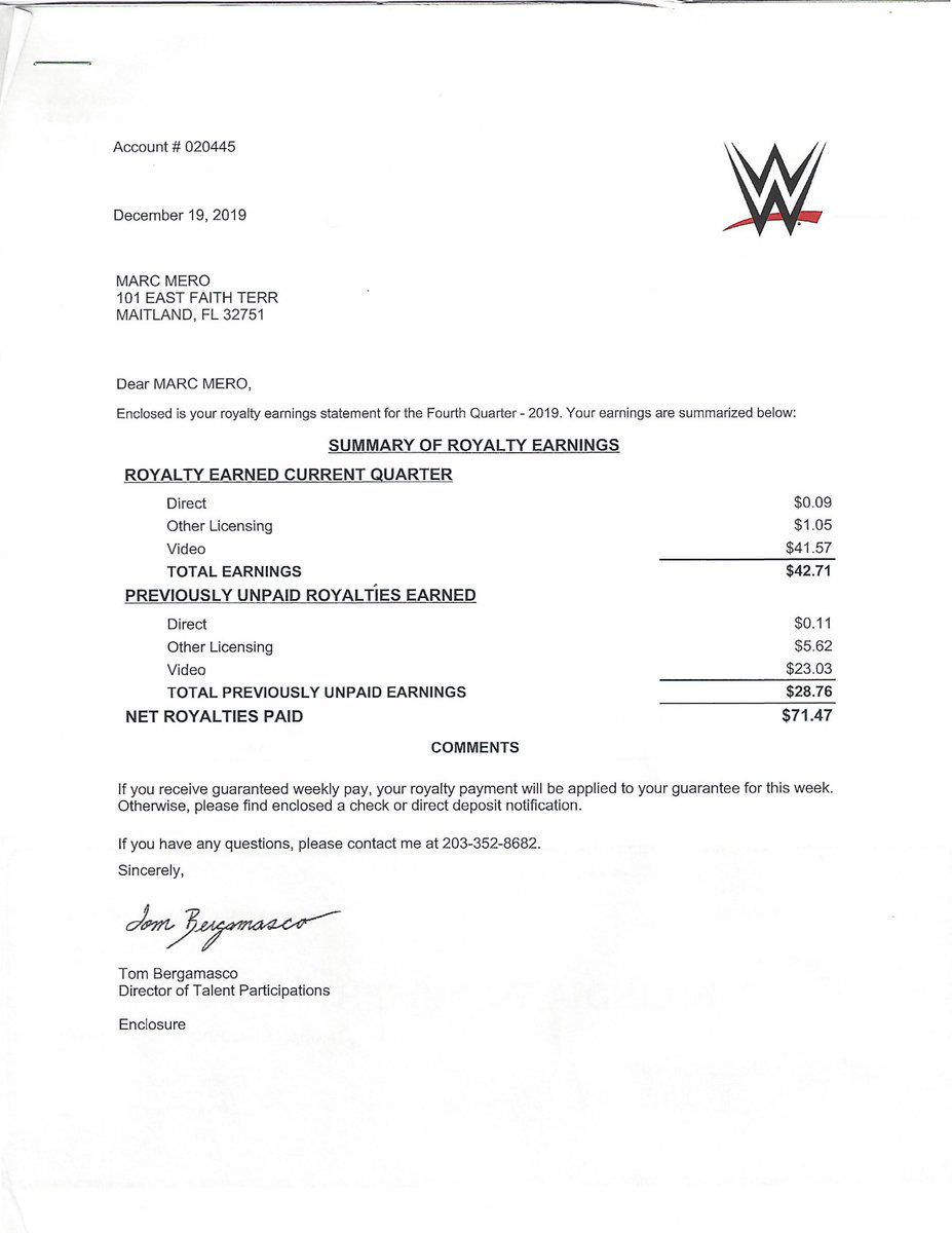 Marc Mero WWE Royalty Payment 2019 - 1